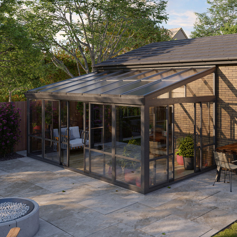Véranda/solarium de 5,10 m x 2,90 m en verre trempé avec portes coulissantes et structure en aluminium, Noir