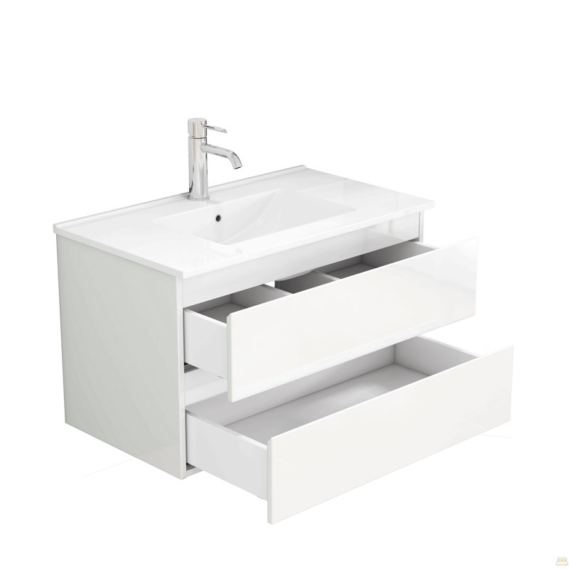 Meuble-lavabo de 31,5 po avec lavabo combiné, armoire avec 2 grands tiroirs, système de fermeture en douceur, 2 grands tiroirs, conception sans poignée, assemblage facile, blanc brillant
