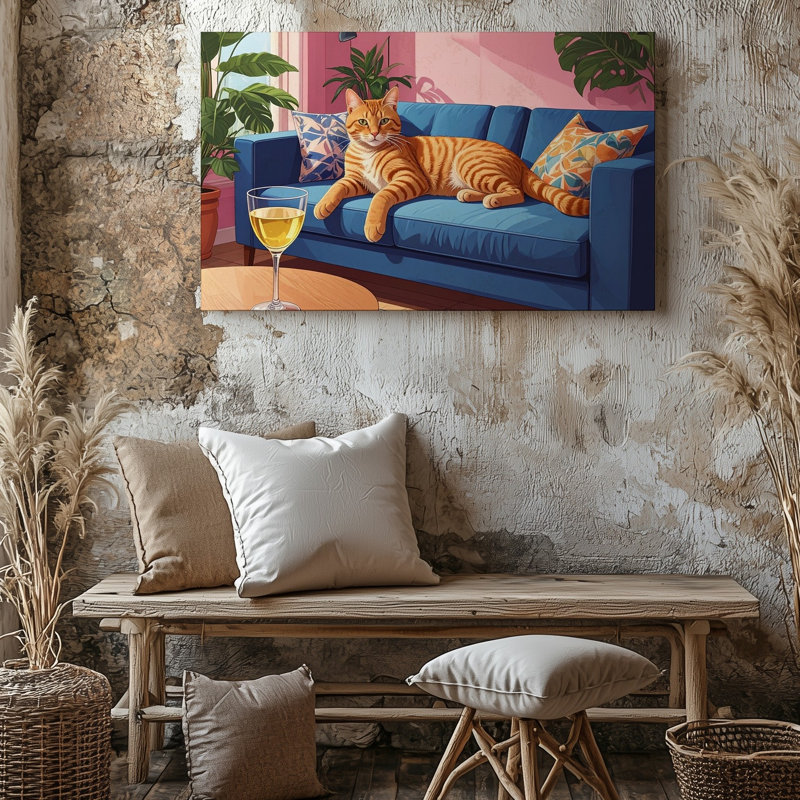 Art mural sur toile Lazy Tabby and Wine Cozy Modern Cat Lounge Art Home devrait se sentir comme un mur prêt à accrocher