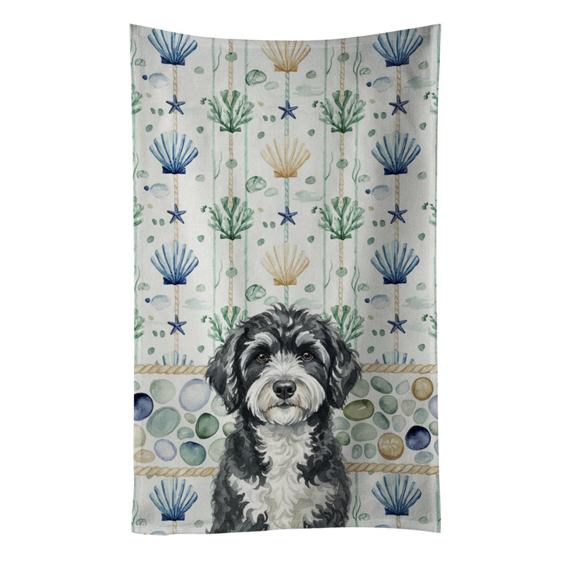 Portuguese Water Dog Coastal Sea Glass Kitchen Towel, Portuguese Water Dog