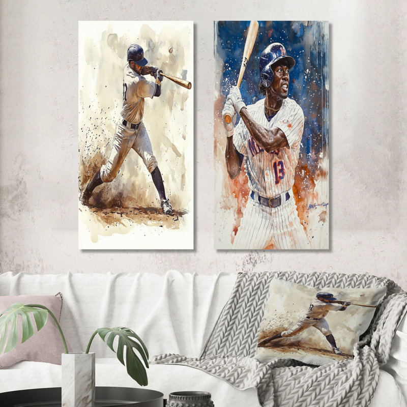 Joueur de baseball blanc bleu sur le terrain I - ensemble de 2 art mural en métal, H 40 po x l 40 po