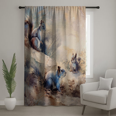 Watercolor Squirrel Trio Window Curtains, Squirrel Sheer & Blockout Curtains - 1 Panel