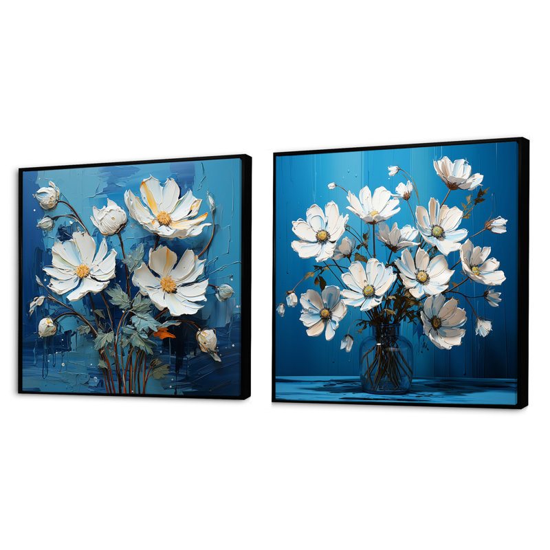 Ensemble de 2 fleurs blanches, bleues et décalées - collage carré floral, Cadre flottant noir, H 16 po x l 33 po