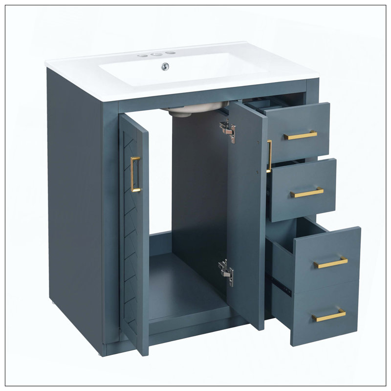 Freestanding Bathroom Vanity Ceramic Sink 3 Drawers Soft-Closing Storage, Blue