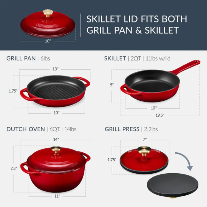 6-Piece Enameled Cast Iron Cookware Set, Red