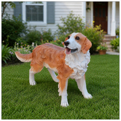 Lifelike Hound Dog Statue, Realistic Resin Animal Figurine for Indoor Outdoor Garden Lawn Yard Home Decor, Art Craft Gift, Brown+White