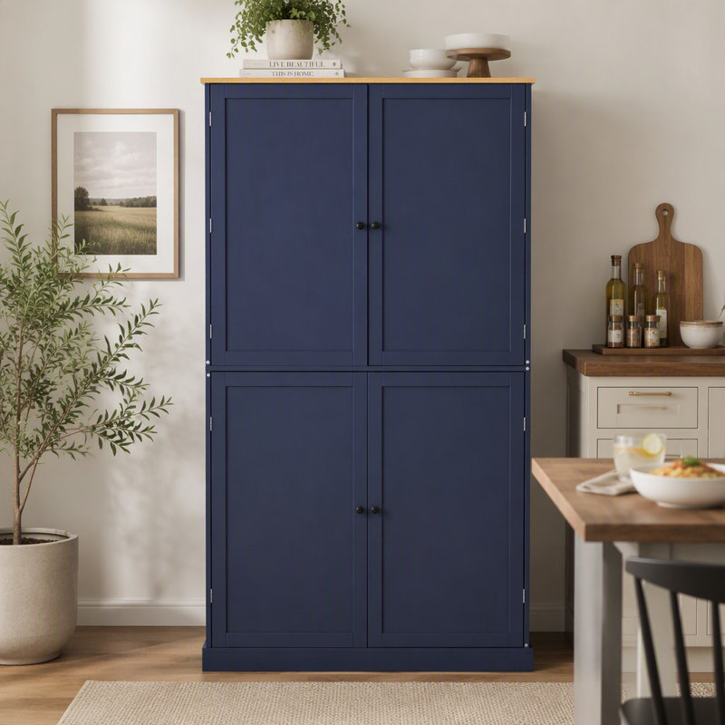 Armoire de cuisine autoportante haute avec 2 tiroirs, 2 tablettes réglables et 8 portes, idéale pour la cuisine et la salle à manger.