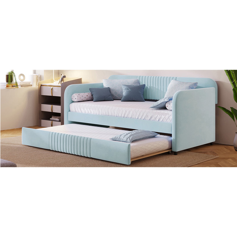 Upholstered Daybed Sofa Bed Twin Size With Trundle Bed And Wood Slat, Light Blue, Light Blue