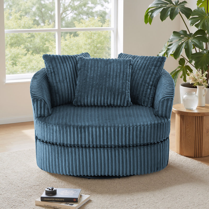 Ultra Plush Faux Rabbit Fur Oversized Swivel Barrel Chair with Three Pillows, Blue