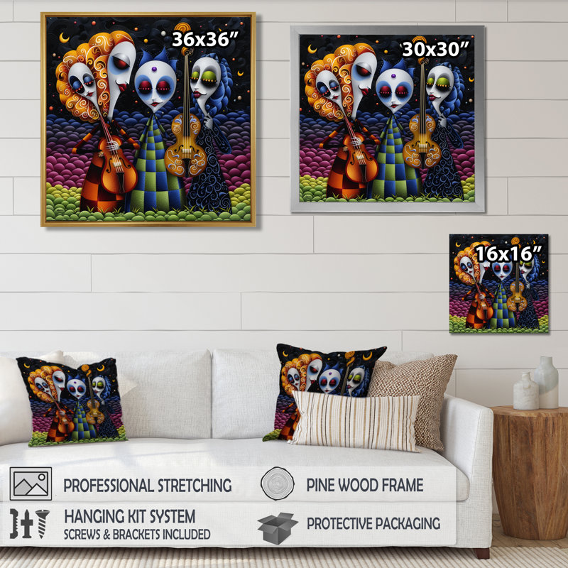 Midnight Fantasy Violin joueurs - musicien, impression d'art mural, Toile avec cadre flottant noir