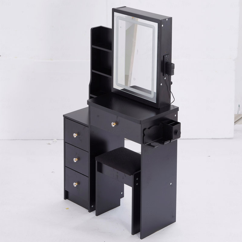 29.2" Small Size Left Bedside Cabinet Vanity Table + Cushioned Stool, 2 Ac+2 Usb Power Station, Hair Dryer Bracket, Extra Large Touch Control Sliding Led Mirror, Tri-Color Switching, Brightness Adjust