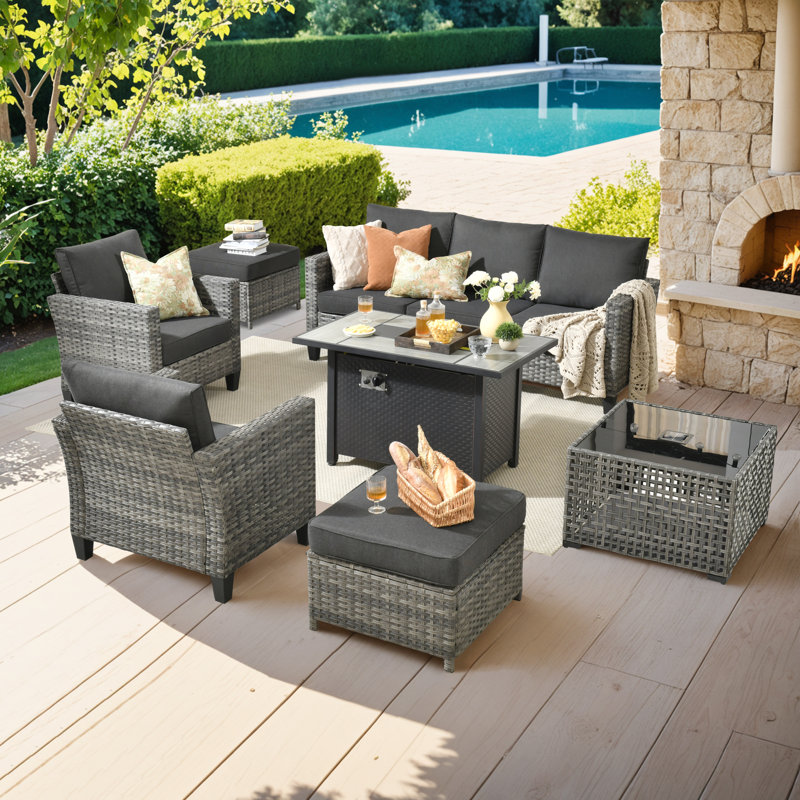 Ensemble de canapé d'extérieur pour 7 personnes, table basse avec éclairage et table de cuisson 2 en 1 pour 7 personnes, Noir