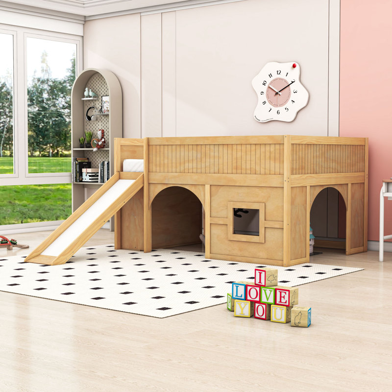 Full Size Wooden Low Loft Bed with Storage Shelves and Slide, Natural