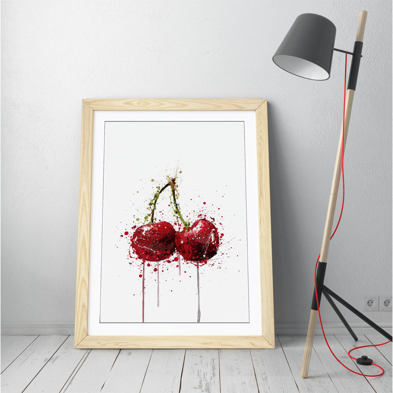Cherry Fruit Red Green by ClassicLiving - Single Picture Frame Painting on Canvas, 64cm H x 47cm W x 2cm D, Light Oak