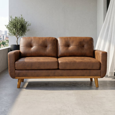 65-inch Mid-Century Modern Two-Seater Sofa in Light Brown Foil Fabric with Solid Wood Legs