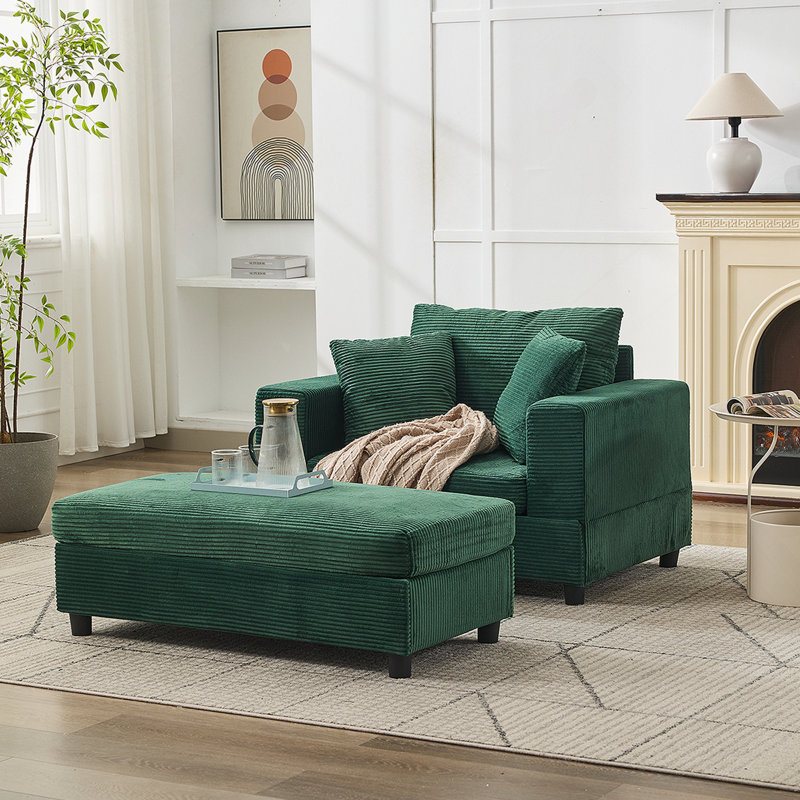 Fauteuil en velours côtelé de 42 po avec repose-pieds pour le salon, Vert