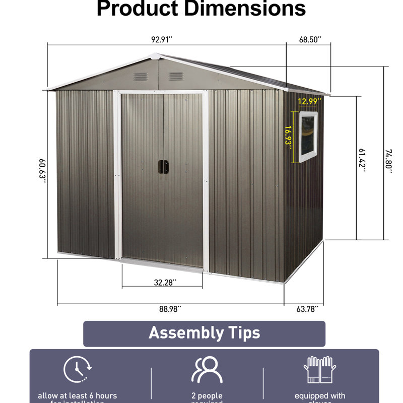 Remise de rangement extérieure en métal gris de 8 pi x 6 pi - construction en acier galvanisé, évents intégrés perforés, porte coulissante avec serrure, assemblage facile pour la structure de fer d'atelier, ventilation des évents, pour construire le garage