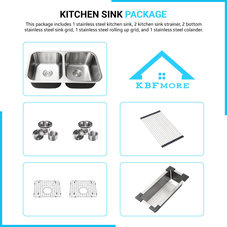 KBFmore US114SSGR 31 inch Double Equal Bowl Undermount Classic Kitchen Sink with 6 Pieces Sink Accessories
