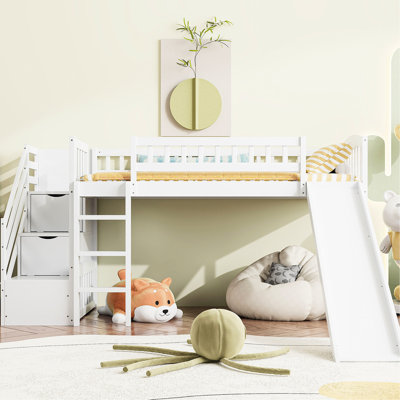 White Twin Loft Bed With Slide, Drawers And Built - In Staircase, Pine, Full Length Guardrails, Space Efficient Bedroom Decor Size Stairway Bed, Color, Convertible Slide Two Drawers, Pine Wood Frame,