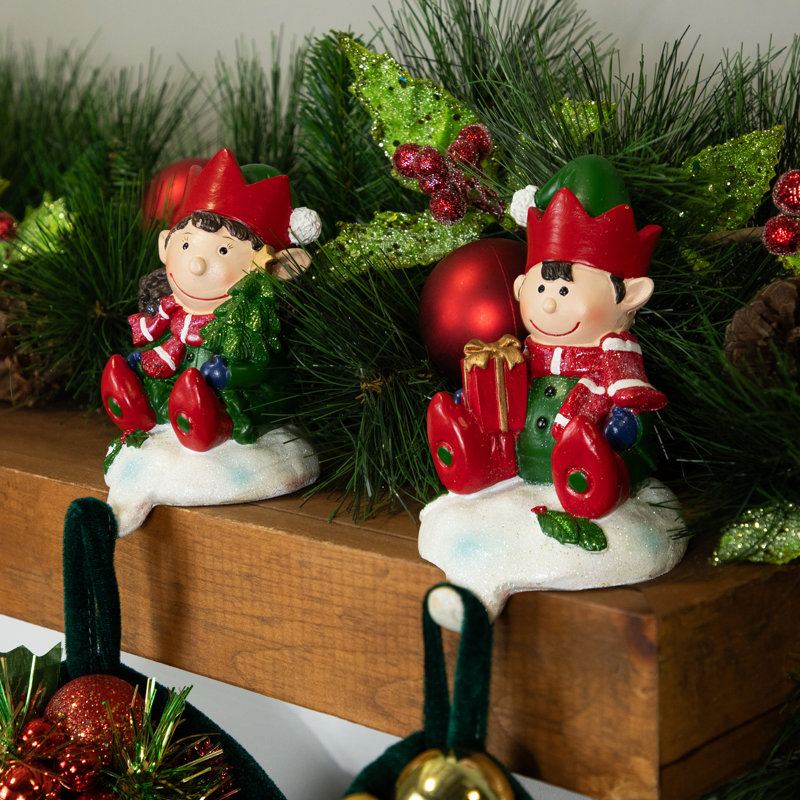 Festive Elves Resin Christmas Stocking Holders Set of 2