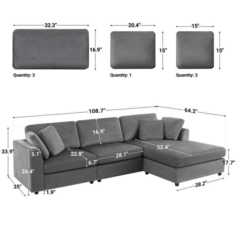 Wauseon 2 - Piece 108.7" Upholstered L Shape Sofa with Convertible Chaise, Grey Polyester Blend