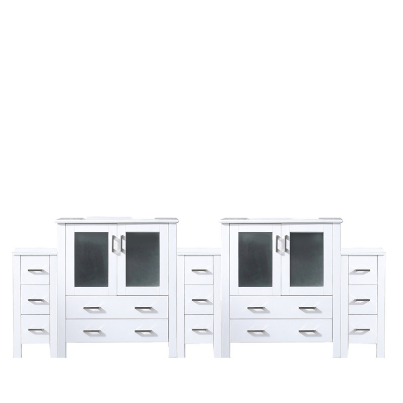 Meuble-lavabo double 96 po - Blanc, bois massif et magnifique plateau en céramique blanche durable