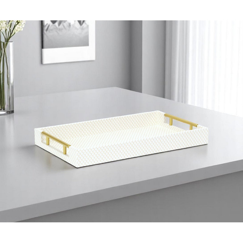 16" Ivory And Gold Geometric Print Handmade Serving Tray With Handles