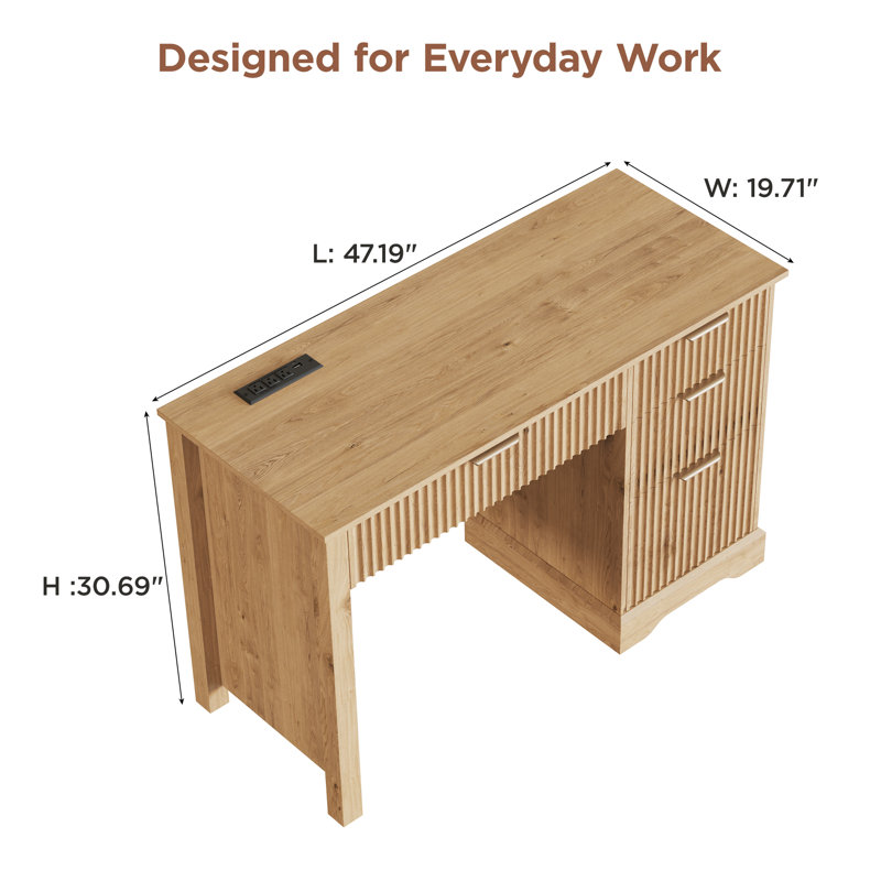Fluted Executive Desk With Drawers With Ample File Drawer, Oak