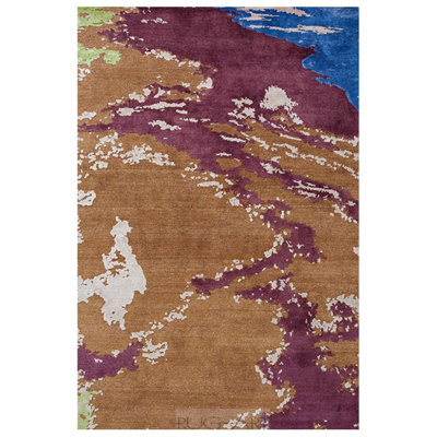 Tapis unique mauve / bleu / brun noué à la main 6 pi x 9 pi