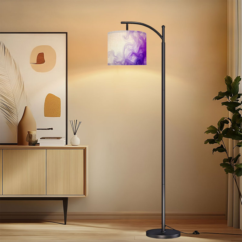 Lampe sur pied à arc avec abat-jour réglable abstrait tourbillons mauves à encre blanche, conception sur pied, lampe sur pied, 3 températures de couleur, intensité variable, grand mât avec interrupteur au pied pour la chambre à coucher