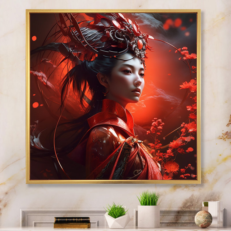 Beauté florale de Samouraï II, H 36 po x l 36 po x P 1,5 po, Toile avec cadre flottant or