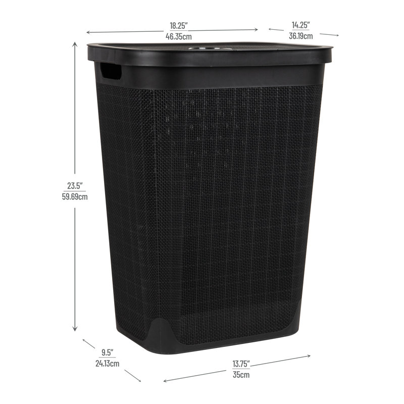  Slim Laundry Hamper, Clothes Basket, Lid, Linen Design, Plastic, Black