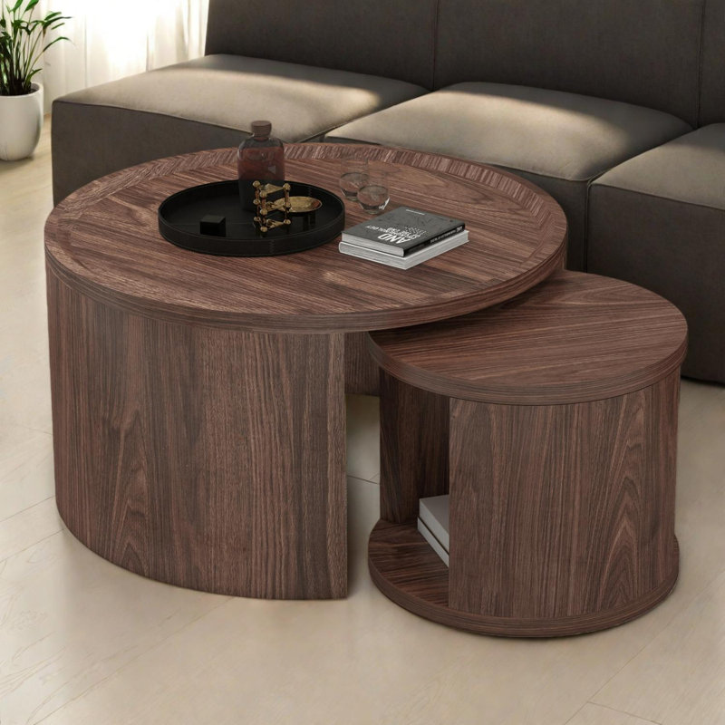 Ensemble de 2 tables basses rondes gigognes avec plateau en bois, tables basses modernes pour le salon, Noyer