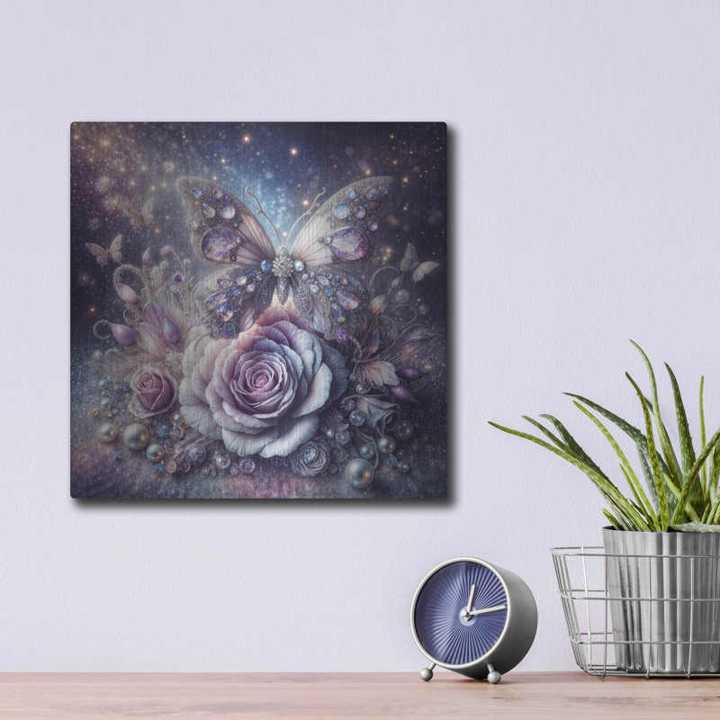  «Lavande papillon et rose» par Rey Klimt, art mural en métal, 12 po x 12 po, H 12 po x l 12 po
