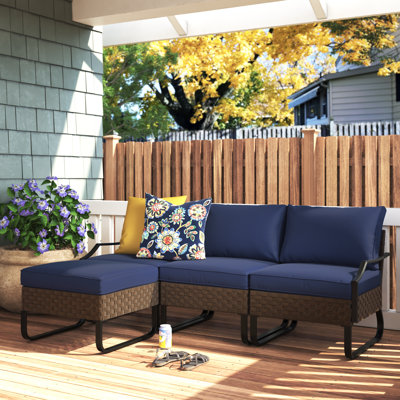 Heiman 86.1 " W L-Shaped Powder Coated Steel and Wicker Patio Sofa with Cushions