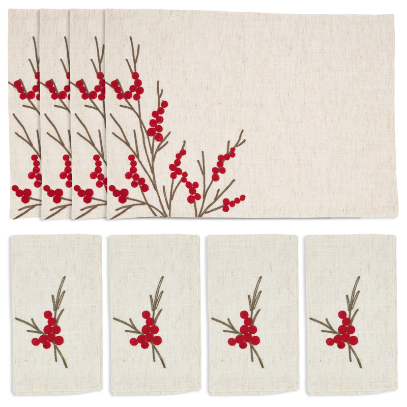 Ensemble de napperons et serviettes de table brodés (4 napperons et 4 serviettes)