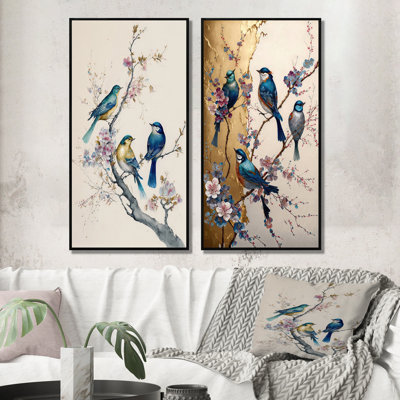 2 pièces sur toile - Oiseaux multicolores sur un arbre en fleurs de prunier