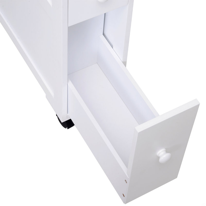 Wood Rolling Narrow Bathroom Side Storage Cabinet, White