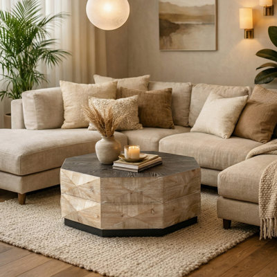 38" Octagon Retro Style Solid Wood Coffee Table, 3D Embossed Geometric Pattern Rustic Cocktail Table For Living Room & Small Spaces