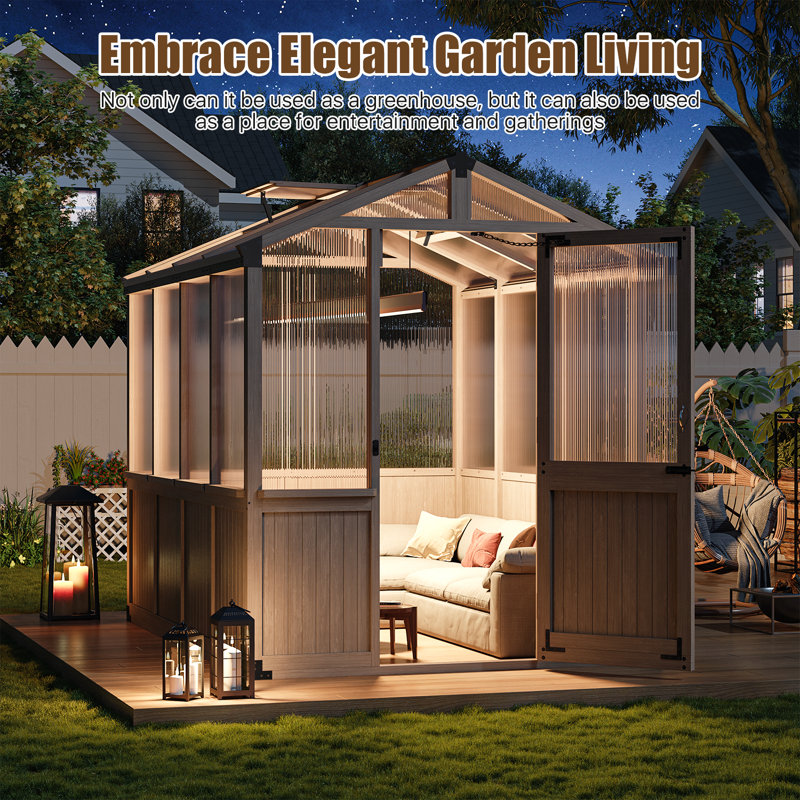 Wooden Greenhouse,polycarbonate Walk-in Outdoor Greenhouse, 7.05' H x 6' W x 8' D