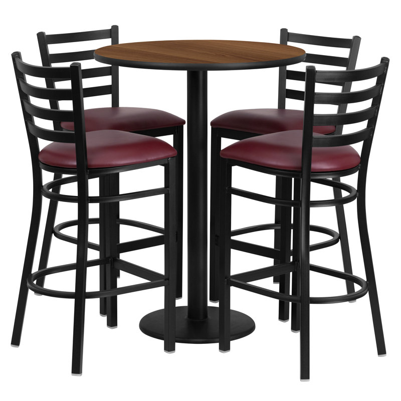 Ensemble de table ronde en stratifié 30 "avec base ronde et 4 tabourets de bar en métal Aniket, Noyer, Similicuir noir