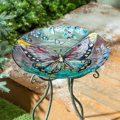 Icy Butterfly Hand-Painted Glass Birdbath, 18"