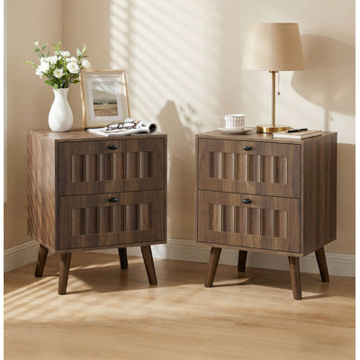 Medieval-style modern double-drawer bedside table with solid wood legs, bedroom bedside table, bedroom side table, 15.75 x 15.75 x 22.64 inches, walnut colour, 2-pack