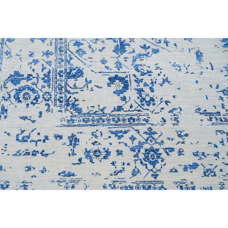 Tapis argent et bleu noué à la main de haute qualité, Rectangle 10 pi x 14 pi