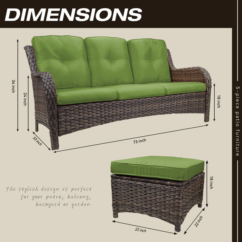 Ensemble de conversation d'extérieur 3 pièces en osier avec coussins Anahit, Vert