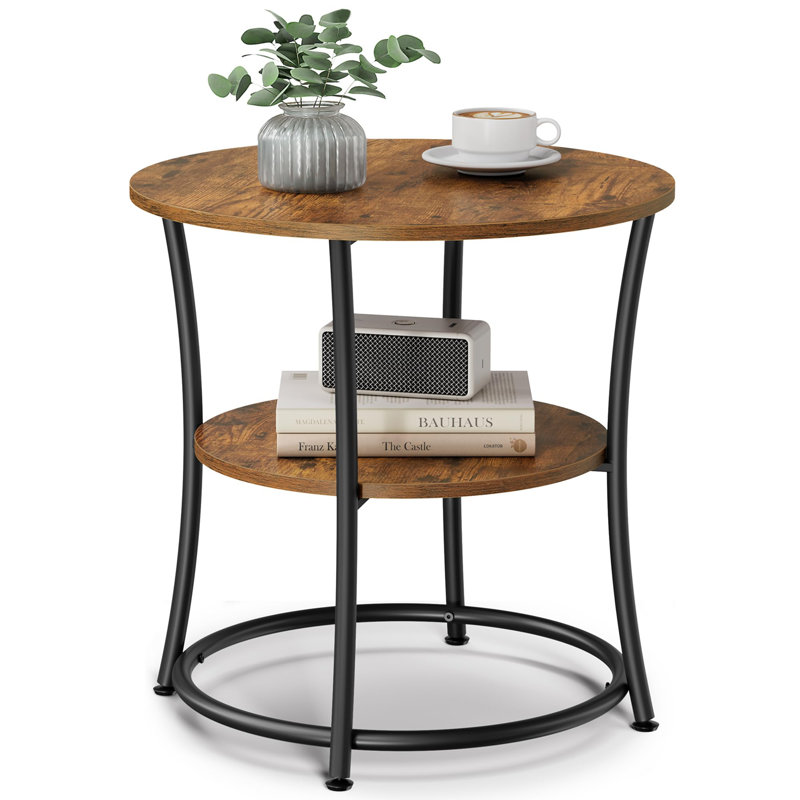 Rustic Brown Round Wood and Metal Side Table with Shelves