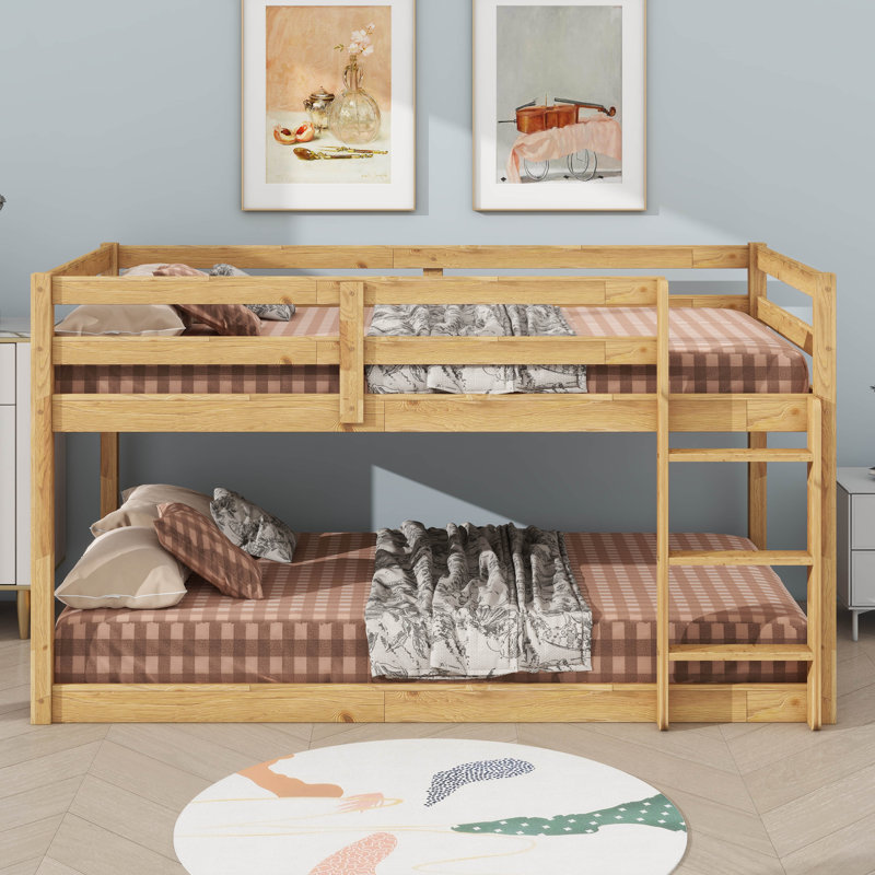 Twin Size Stacked Floor Bunk Bed With Ladder Included, Natural