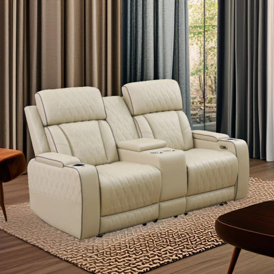 Sterling Beige Vegan Leather  Reclining  Loveseat With Cup-Holders And LED Lights