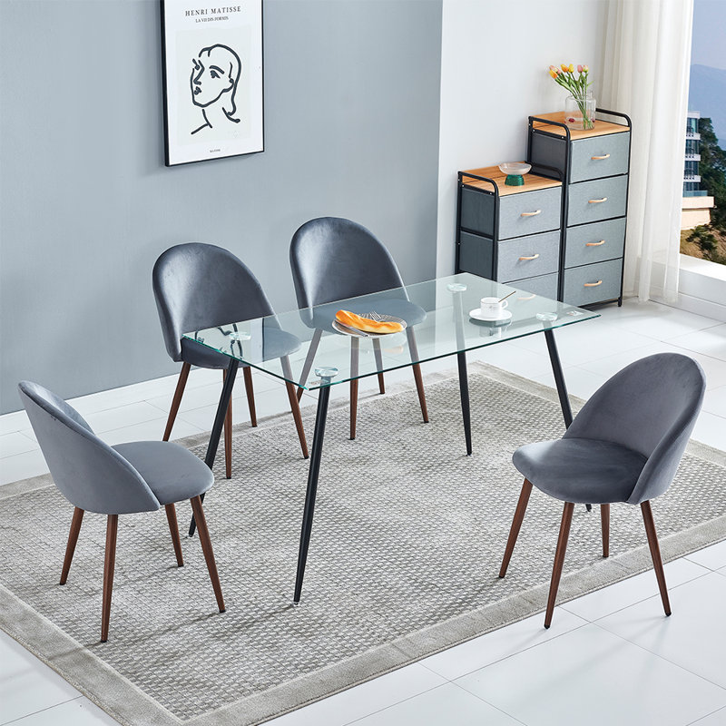 Ensemble de table de salle à manger en verre avec chaises en velours pour 4