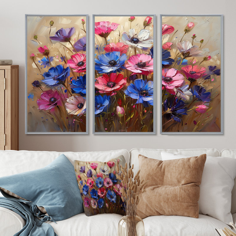 - Ensemble d'art mural bleuets, Toile argentée avec cadre flottant, H 32 po x l 48 po x P 1 po